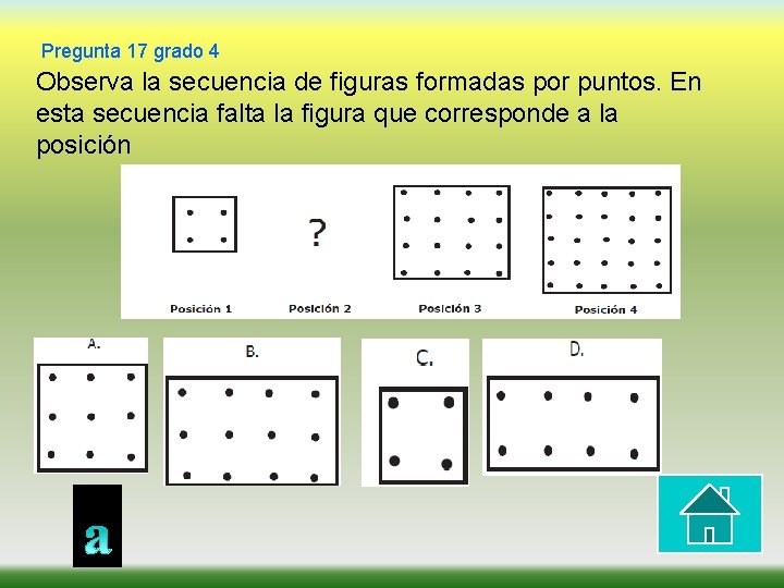 Pregunta 17 grado 4 Observa la secuencia de figuras formadas por puntos. En esta