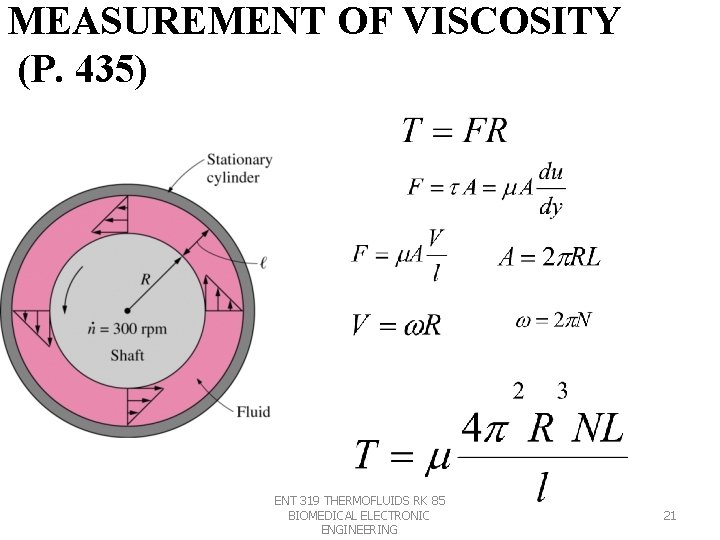 MEASUREMENT OF VISCOSITY (P. 435) -----(1) ENT 319 THERMOFLUIDS RK 85 BIOMEDICAL ELECTRONIC ENGINEERING MEASUREMENT OF VISCOSITY (P. 435) -----(1) ENT 319 THERMOFLUIDS RK 85 BIOMEDICAL ELECTRONIC ENGINEERING