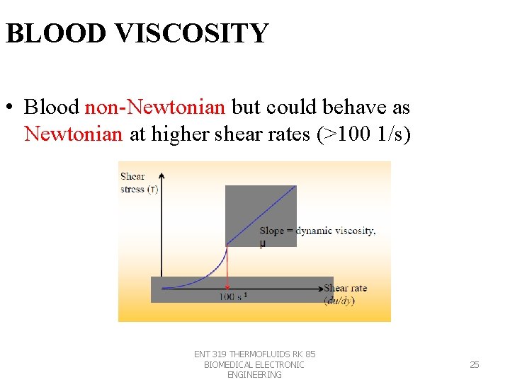 BLOOD VISCOSITY • Blood non-Newtonian but could behave as Newtonian at higher shear rates