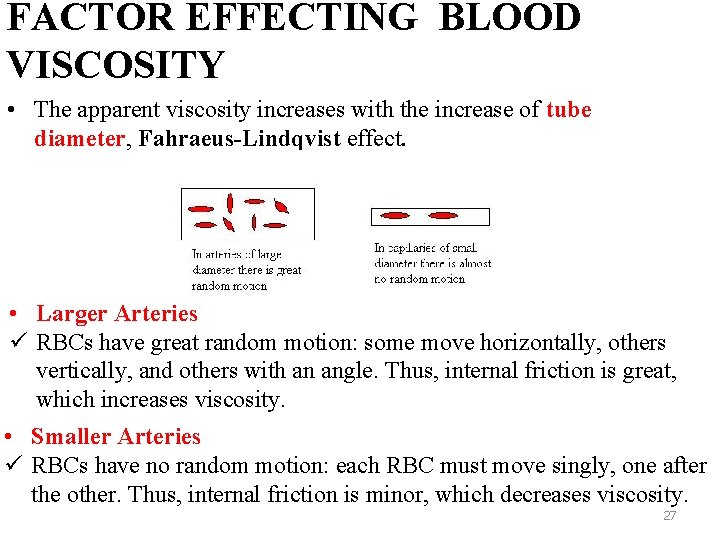 FACTOR EFFECTING BLOOD VISCOSITY • The apparent viscosity increases with the increase of tube FACTOR EFFECTING BLOOD VISCOSITY • The apparent viscosity increases with the increase of tube
