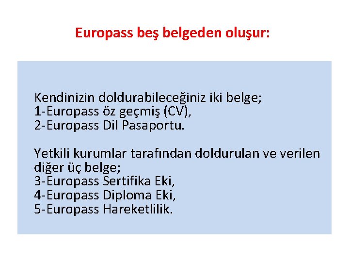 Europass beş belgeden oluşur: Kendinizin doldurabileceğiniz iki belge; 1 -Europass öz geçmiş (CV), 2
