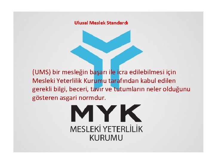 Ulusal Meslek Standardı (UMS) bir mesleğin başarı ile icra edilebilmesi için Mesleki Yeterlilik Kurumu