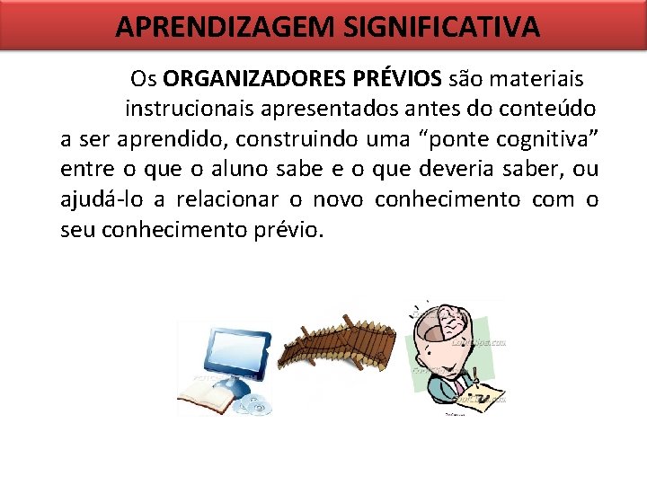 APRENDIZAGEM SIGNIFICATIVA Os ORGANIZADORES PRÉVIOS são materiais instrucionais apresentados antes do conteúdo a ser APRENDIZAGEM SIGNIFICATIVA Os ORGANIZADORES PRÉVIOS são materiais instrucionais apresentados antes do conteúdo a ser