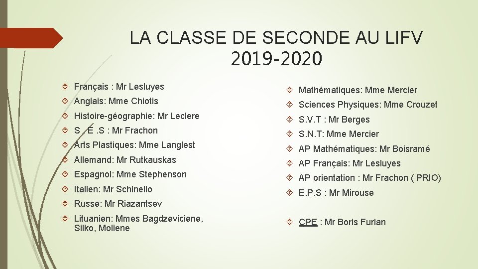 LA CLASSE DE SECONDE AU LIFV 2019 -2020 Français : Mr Lesluyes Mathématiques: Mme