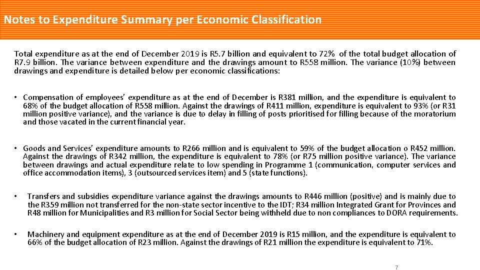 Notes to Expenditure Summary per Economic Classification Total expenditure as at the end of