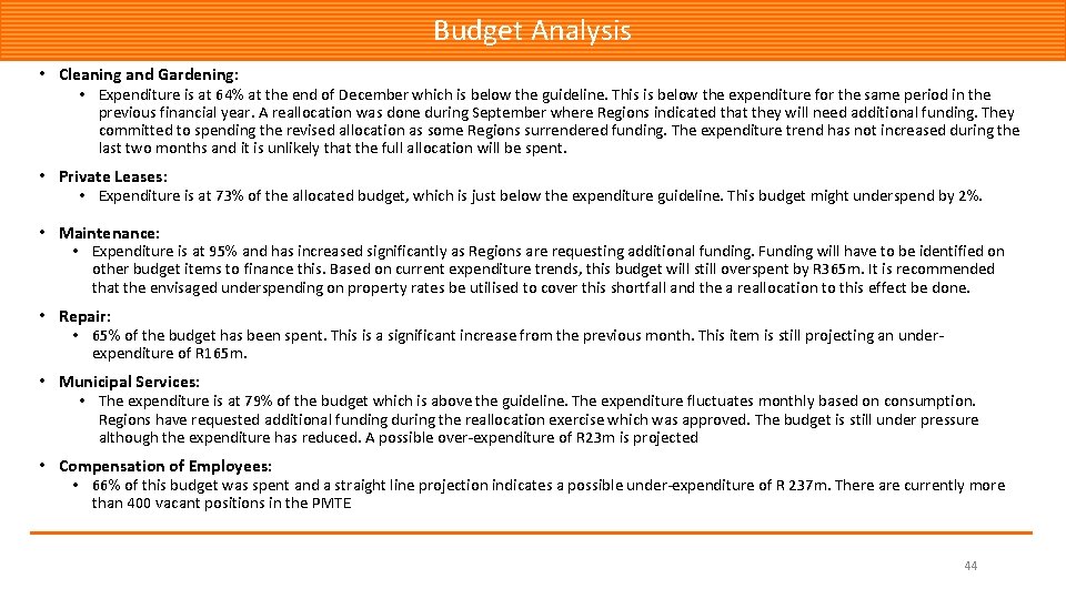 Budget Analysis • Cleaning and Gardening: • Expenditure is at 64% at the end