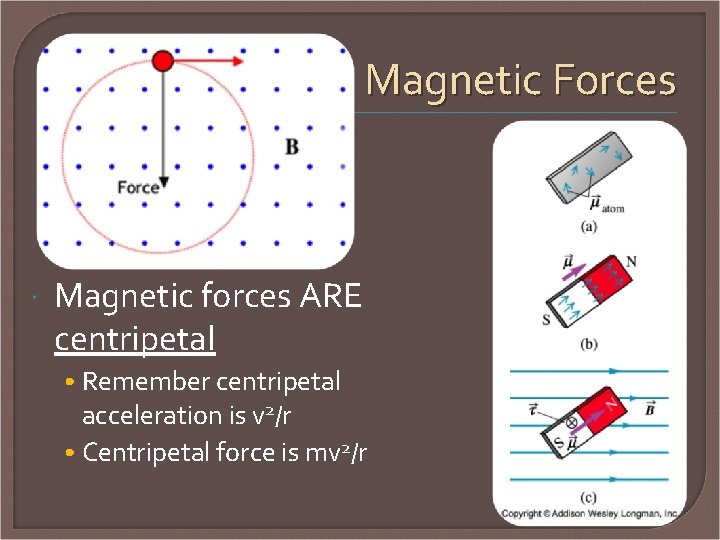 Magnetic Forces Magnetic forces ARE centripetal • Remember centripetal acceleration is v 2/r •