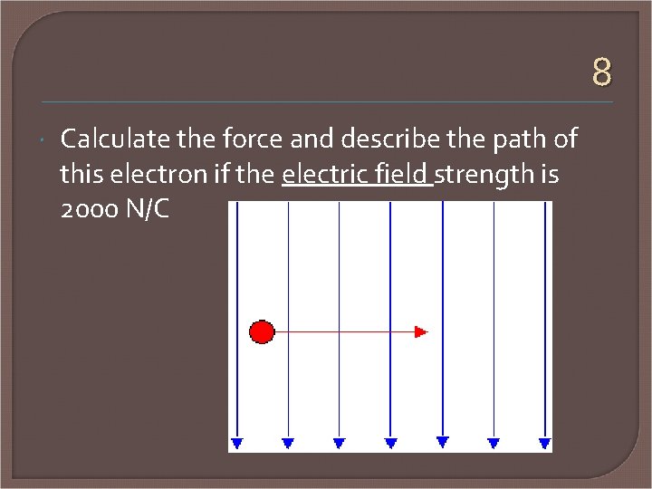 8 Calculate the force and describe the path of this electron if the electric