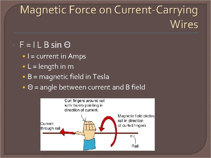 Magnetic Force on Current-Carrying Wires F = I L B sin Θ • •