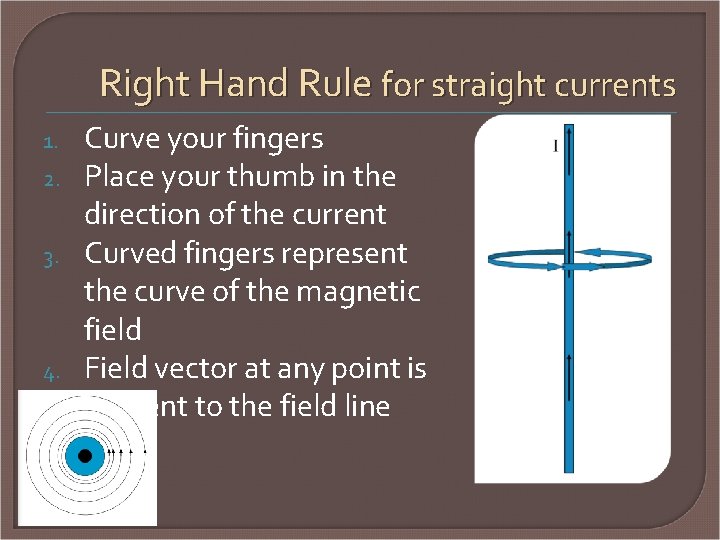 Right Hand Rule for straight currents 1. 2. 3. 4. Curve your fingers Place