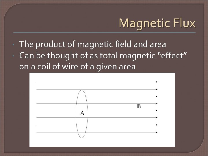 Magnetic Flux The product of magnetic field and area Can be thought of as