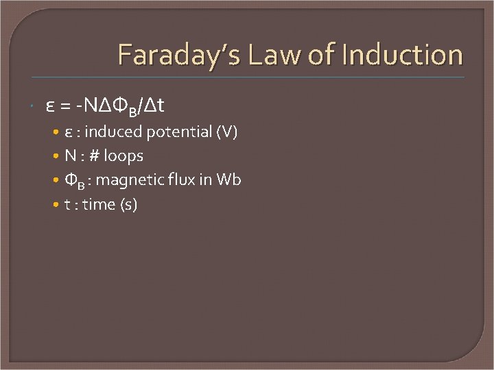 Faraday’s Law of Induction ε = -NΔΦB/Δt • • ε : induced potential (V)