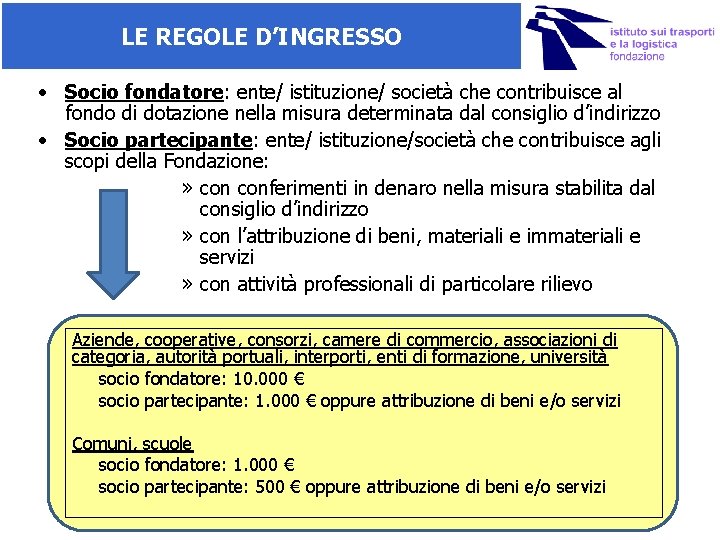 LE REGOLE D’INGRESSO • Socio fondatore: ente/ istituzione/ società che contribuisce al fondo di