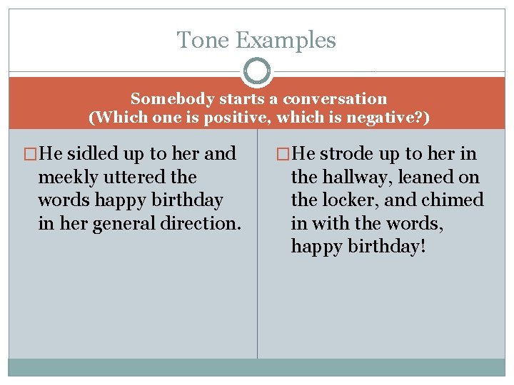 Tone Examples Somebody starts a conversation (Which one is positive, which is negative? )