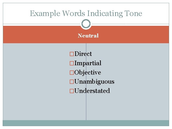 Example Words Indicating Tone Neutral �Direct �Impartial �Objective �Unambiguous �Understated 