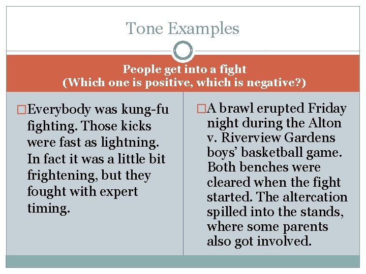 Tone Examples People get into a fight (Which one is positive, which is negative?