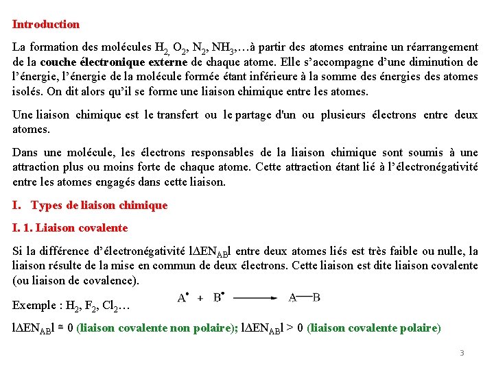 Introduction La formation des molécules H 2, O 2, NH 3, …à partir des