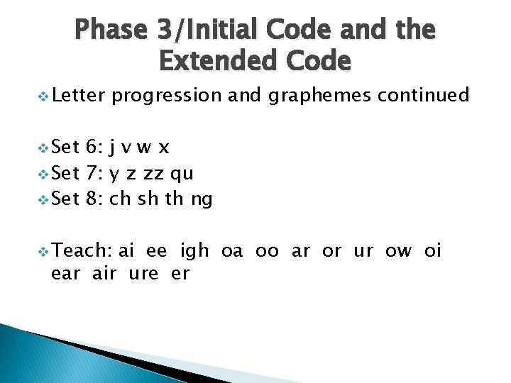 Phase 3/Initial Code and the Extended Code v Letter progression and graphemes continued v