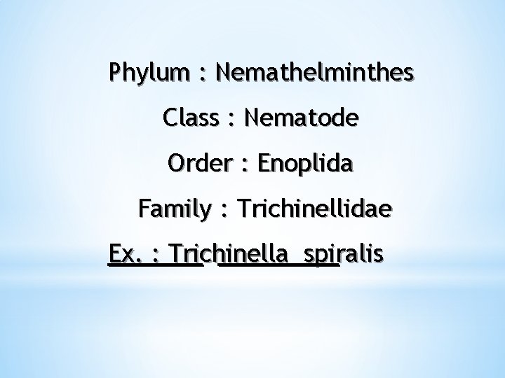 Phylum : Nemathelminthes Class : Nematode Order : Enoplida Family : Trichinellidae Ex. :