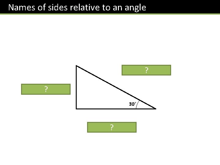 Names of sides relative to an angle hypotenuse ? opposite ? 30° adjacent ?