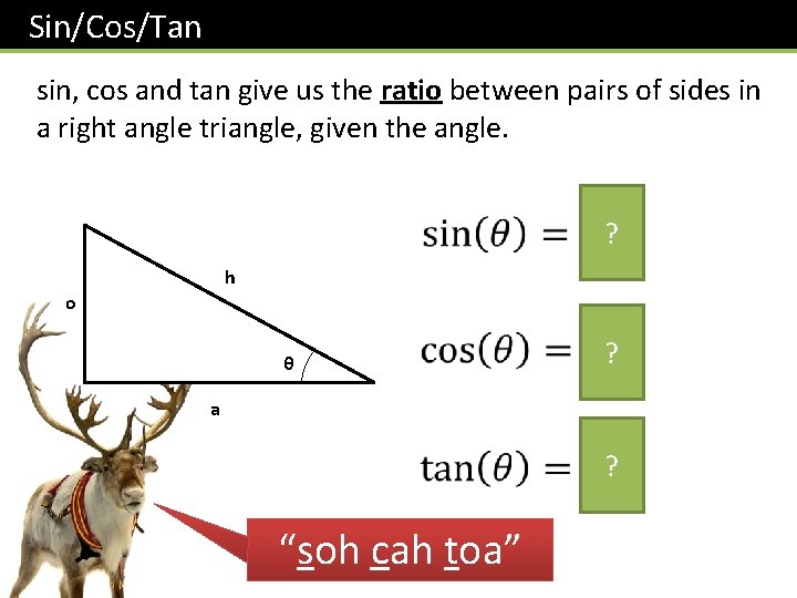 Sin/Cos/Tan sin, cos and tan give us the ratio between pairs of sides in