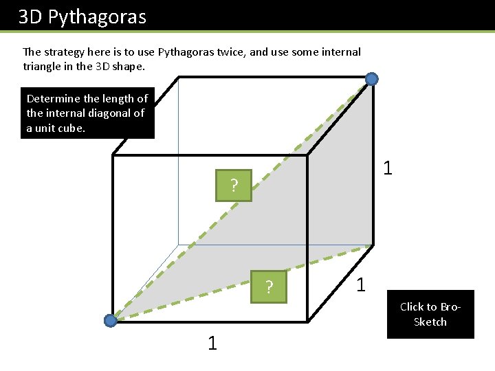 3 D Pythagoras The strategy here is to use Pythagoras twice, and use some