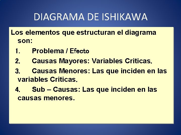 DIAGRAMA DE ISHIKAWA Los elementos que estructuran el diagrama son: 1. Problema / Efecto