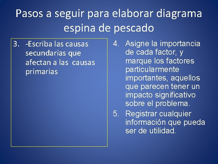 Pasos a seguir para elaborar diagrama espina de pescado 3. -Escriba las causas secundarias