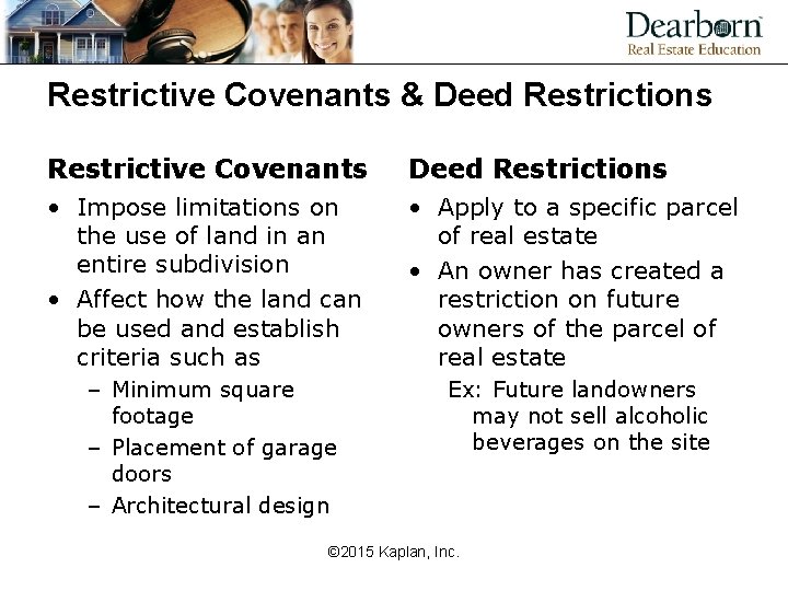 Restrictive Covenants & Deed Restrictions Restrictive Covenants Deed Restrictions • Impose limitations on the