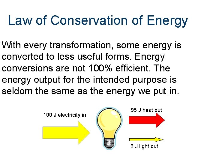 Law of Conservation of Energy With every transformation, some energy is converted to less