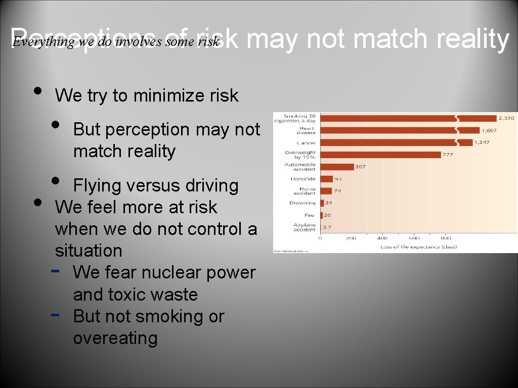 Everything we do involves of some risk Perceptions may not match reality • •