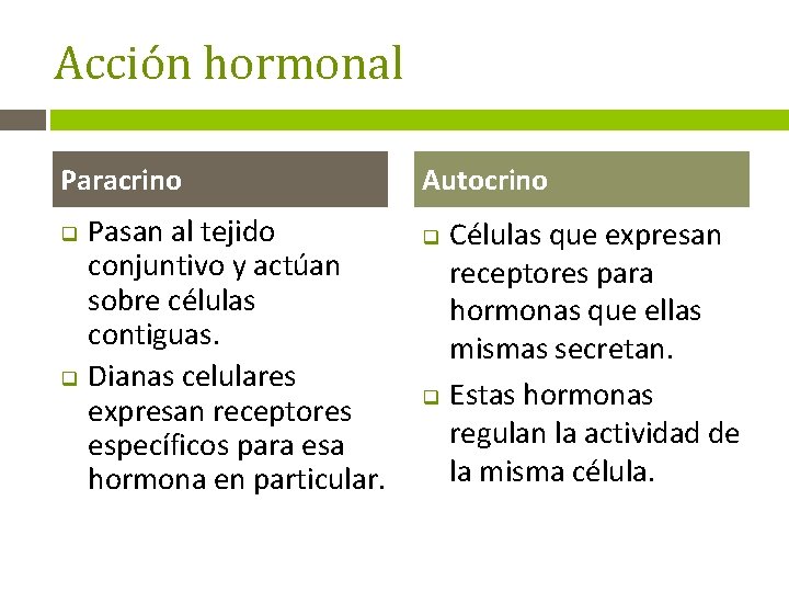 Acción hormonal Paracrino q q Pasan al tejido conjuntivo y actúan sobre células contiguas.