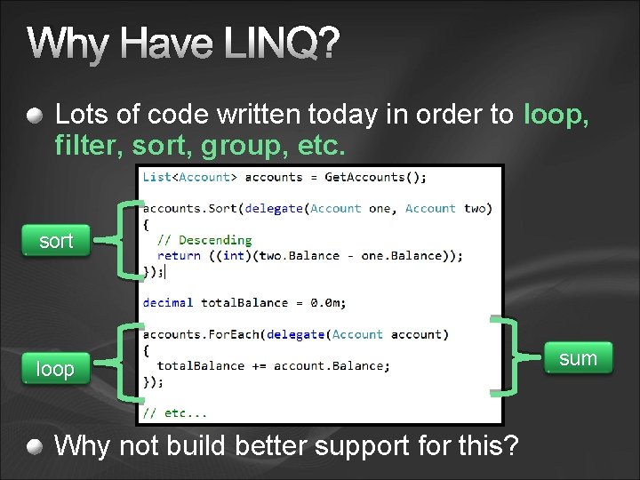 Why Have LINQ? Lots of code written today in order to loop, filter, sort,