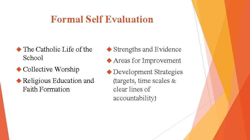 Formal Self Evaluation The Catholic Life of the School Collective Worship Religious Education and