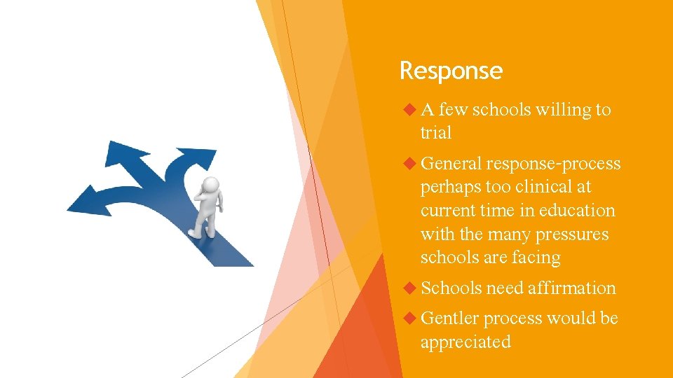 Response A few schools willing to trial General response-process perhaps too clinical at current