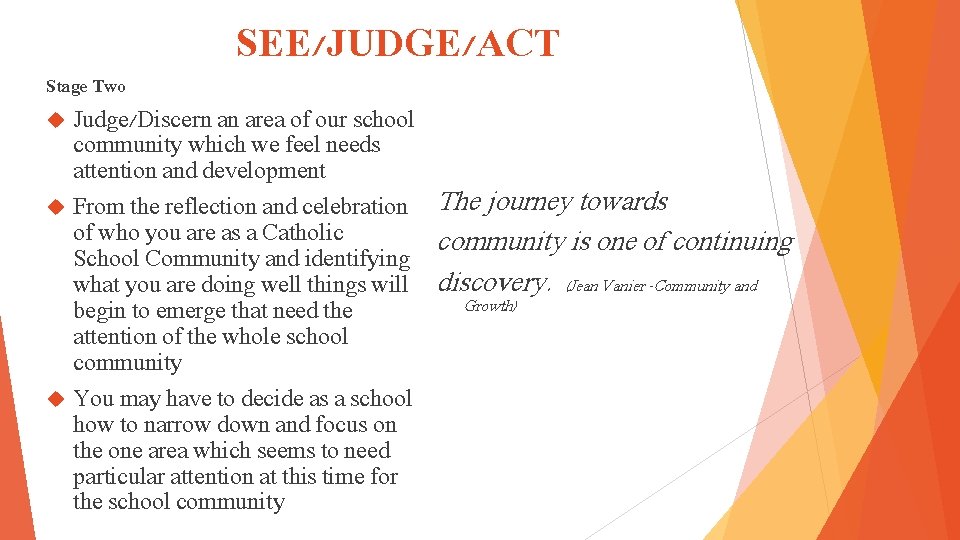 SEE/JUDGE/ACT Stage Two Judge/Discern an area of our school community which we feel needs