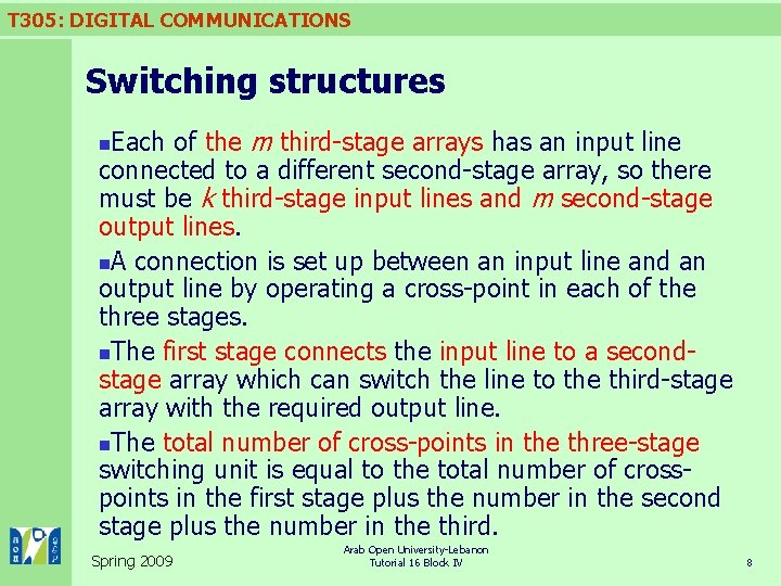 T 305: DIGITAL COMMUNICATIONS Switching structures Each of the m third-stage arrays has an