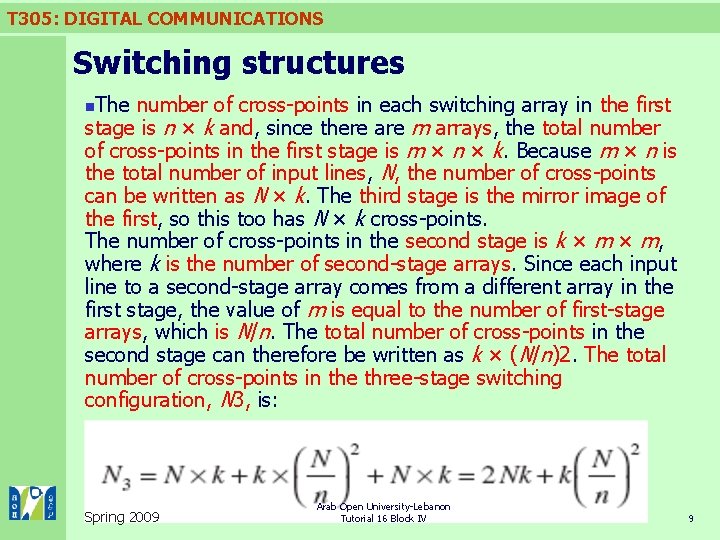 T 305: DIGITAL COMMUNICATIONS Switching structures The number of cross-points in each switching array