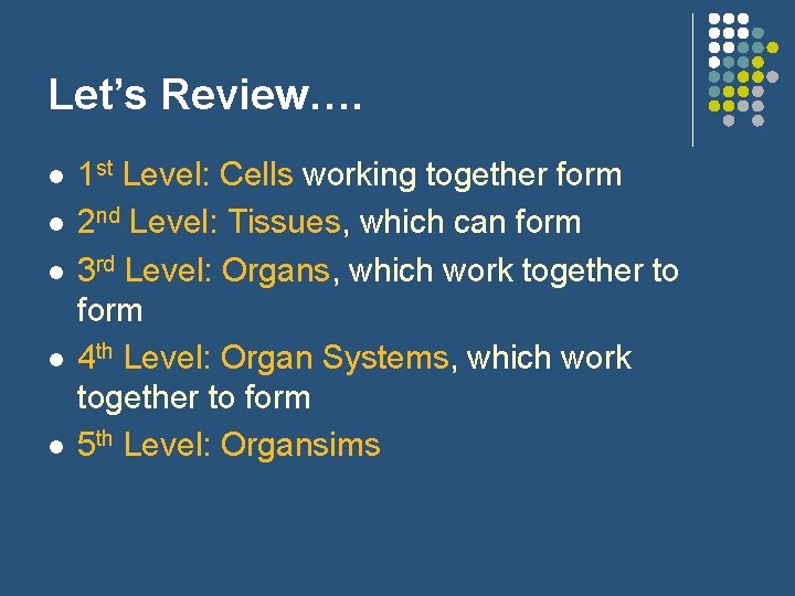 Let’s Review…. l l l 1 st Level: Cells working together form 2 nd