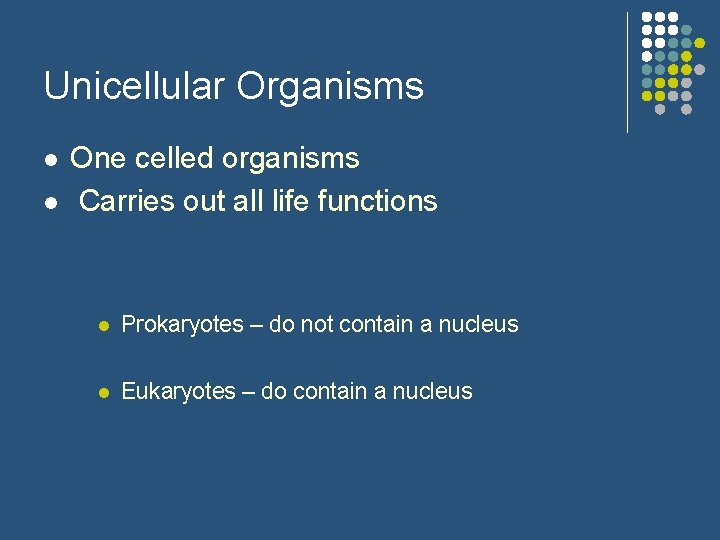 Unicellular Organisms l l One celled organisms Carries out all life functions l Prokaryotes