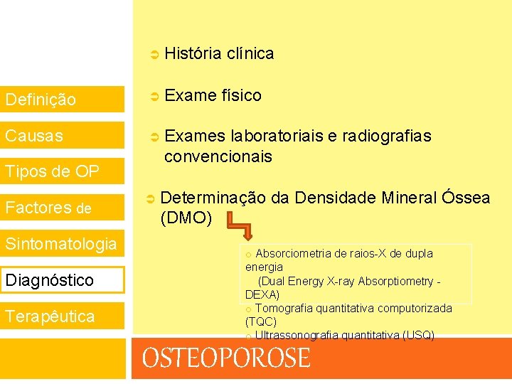  História clínica Definição Exame físico Causas Exames laboratoriais e radiografias convencionais Tipos de