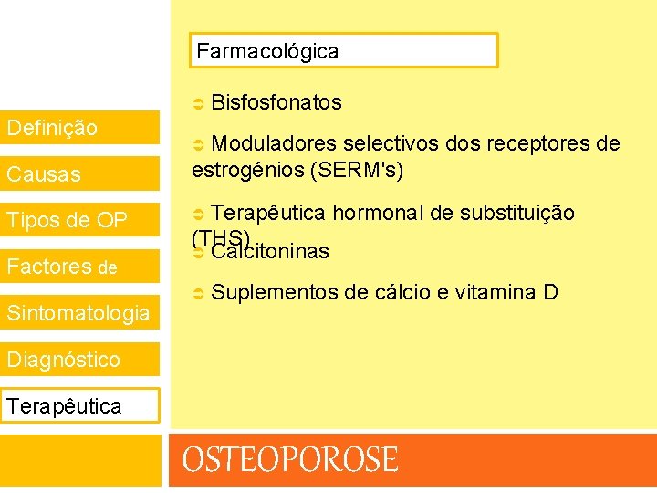 Farmacológica Definição Causas Bisfosfonatos Moduladores selectivos dos receptores de estrogénios (SERM's) Terapêutica hormonal de