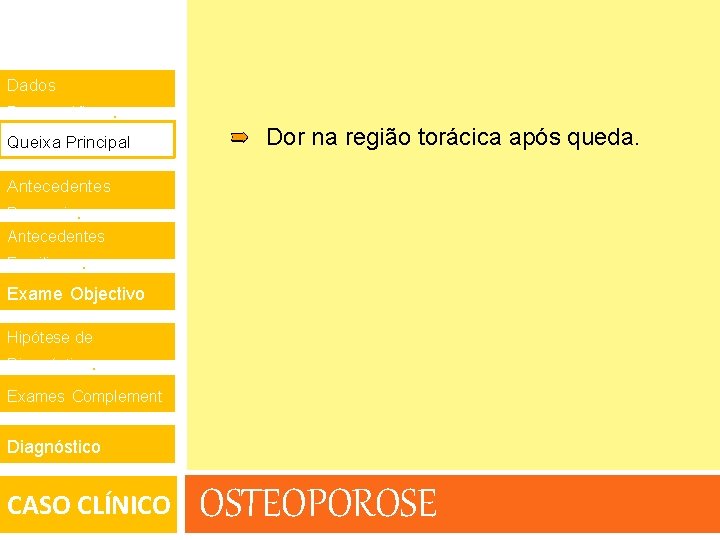 Dados Demográficos. Queixa Principal. Dor na região torácica após queda. Antecedentes Pessoais. Antecedentes 1