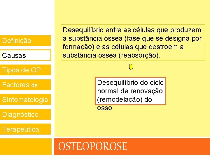 Definição Causas Desequilíbrio entre as células que produzem a substância óssea (fase que se