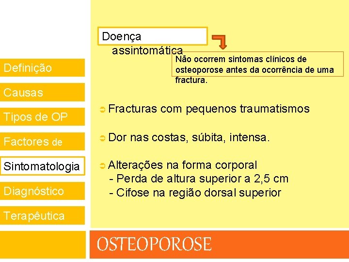 Doença assintomática Não ocorrem sintomas clínicos de osteoporose antes da ocorrência de uma fractura.