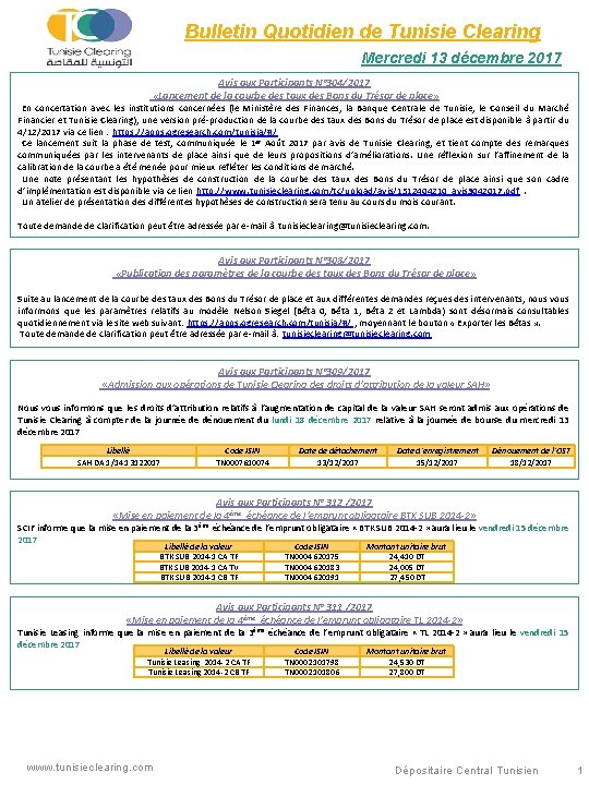 Bulletin Quotidien de Tunisie Clearing Mercredi 13 décembre 2017 Avis aux Participants N° 304/2017