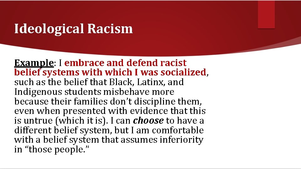 Ideological Racism Example: I embrace and defend racist belief systems with which I was