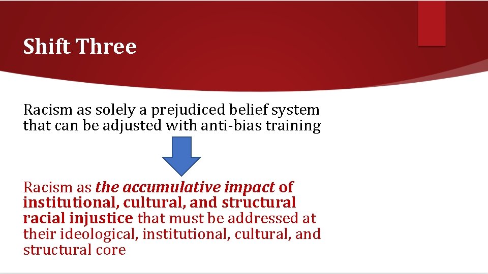 Shift Three Racism as solely a prejudiced belief system that can be adjusted with