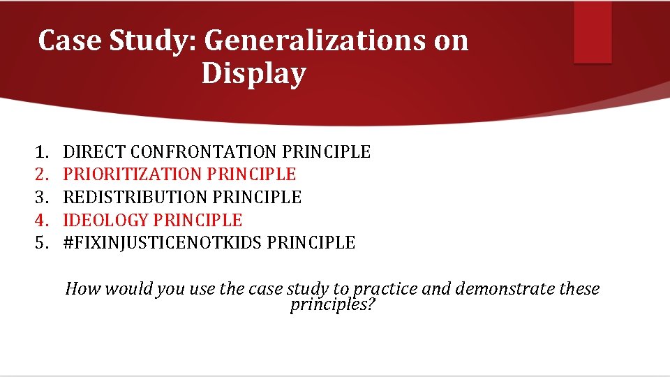 Case Study: Generalizations on Display 1. 2. 3. 4. 5. DIRECT CONFRONTATION PRINCIPLE PRIORITIZATION