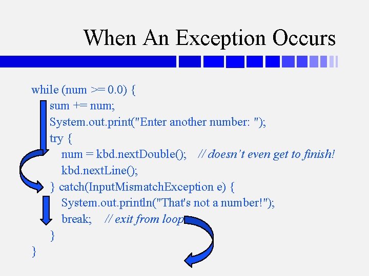 When An Exception Occurs while (num >= 0. 0) { sum += num; System.